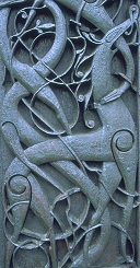 Wood carving on the stave church at Urnes, Norway